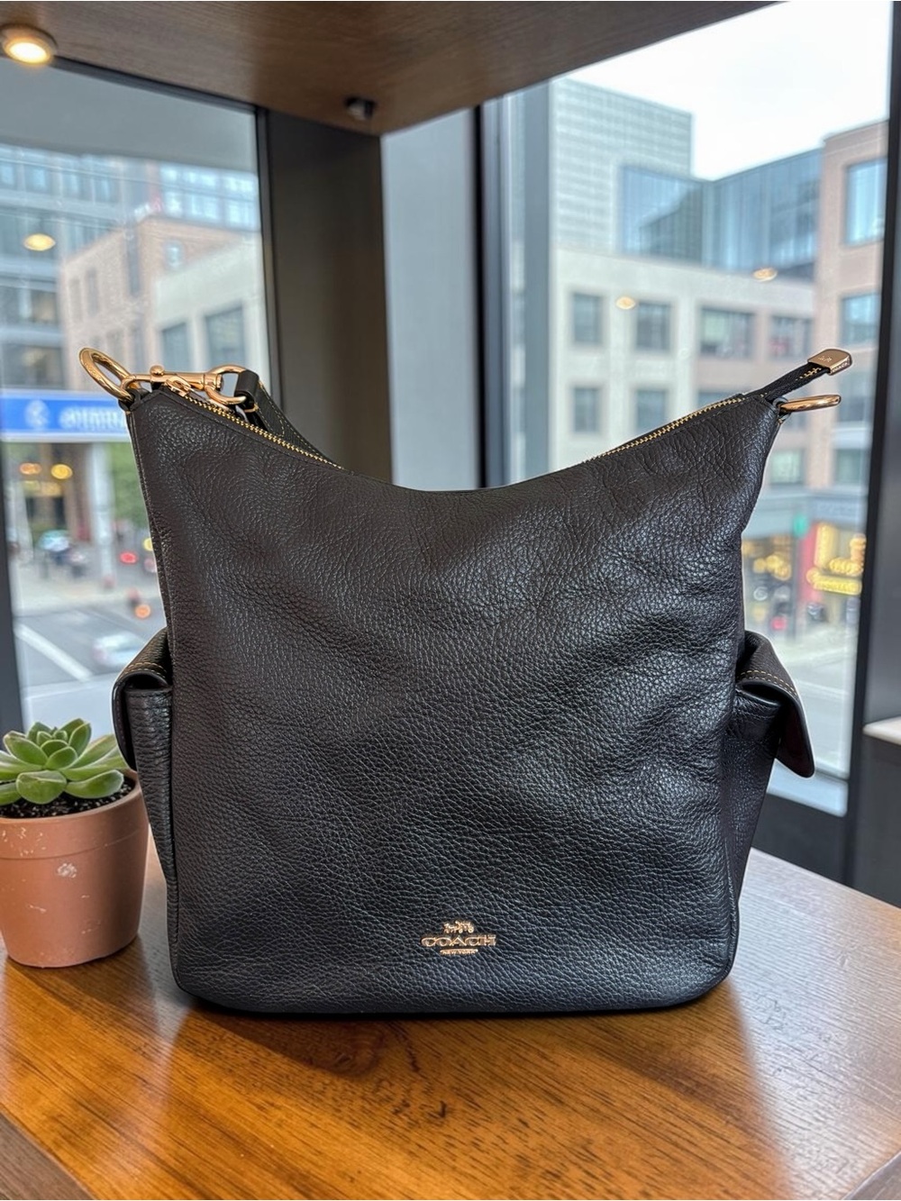 Coach Pennie Black Pebbled Leather Shoulder Hobo Bag with Gold Hardware - Picture 11 of 16